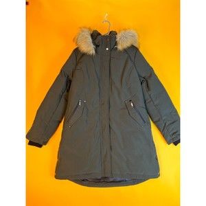 Sam Edelman Hooded Parka Winter Coat Womens L Faux Fur Trim Hood Zip Up